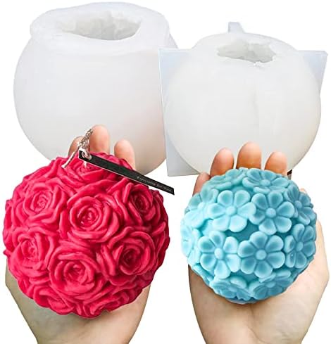 Wehous 2pcs grandes moldes de vela de bola de flores, 3D Silicone Mold Rose Daisy Ball Fondant