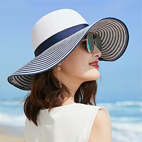 Wyfdp preto branco listrado bowknot verão chapéu de sol linda mulher palha chapéu de praia grande chapéu