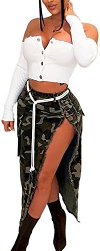 Jsfoiryrou Women Saias longas da cintura alta Slit Camo Flowy Zip Maxi A-line Skirt Casual Studden Ripped Skirt