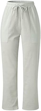 Calça de linho de algodão calças casuais de verão com bolsos soltos de cordão solto de cintura alta