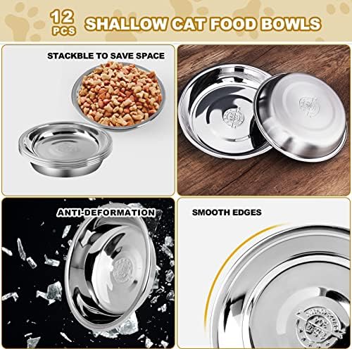 Tigelas de gato para comida e água, 12 pcs tigela de gato rasa de aço inoxidável, amigável e empilhável