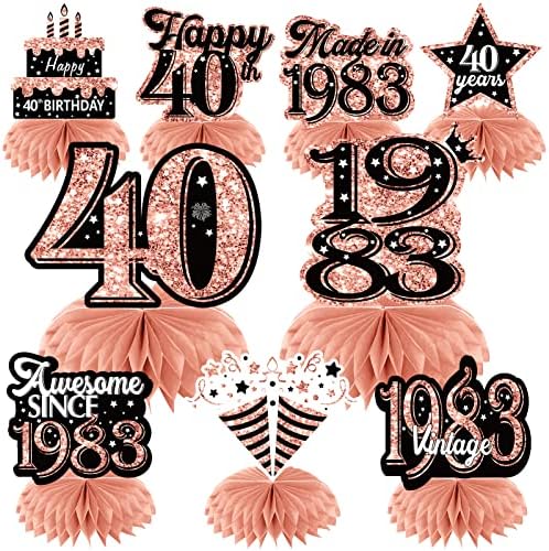 Uiorgui 40º aniversário decorações de mesa de mesa de mesa e banner de feliz aniversário de ouro rosa
