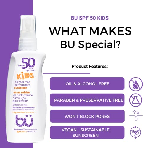 BU SPF 50 Protetor solar Spray Kids - Sweat & Watersistante. Claro, hidratante, não comedogênico. Petróleo, álcool e crueldade. Viagens, esporte, pele sensível.