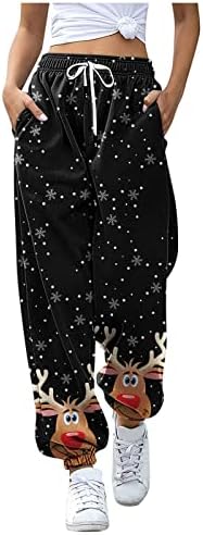 Calça de moletom de Natal Mulheres com bolsos Pull de cintura alta elástica no esporte calça