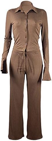 Moda de moda feminina seryu botão de manga top top cor de perna larga de calça de perna larga traje casual