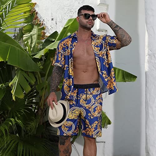 Buyjya Men's Flower Shirt Short 2 peças Hawaiian Sets Button casual Down Floral Tracksuit Beach Roup