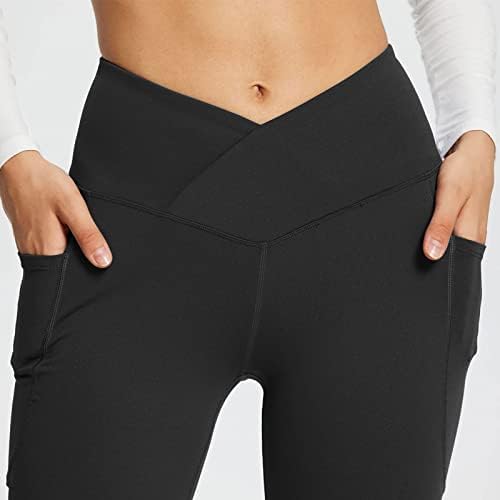 usecee feminino bootcut ioga calças flageings com bolsos v crossover alta cintura leggings barriga de controle