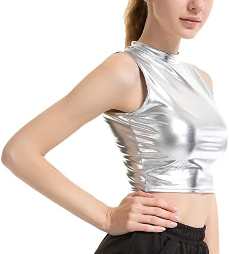 Haitryli feminina brilhante colheita metálica top mock pescoço tanques com mangas com rave dançarier bustier colarpwear prata um meio