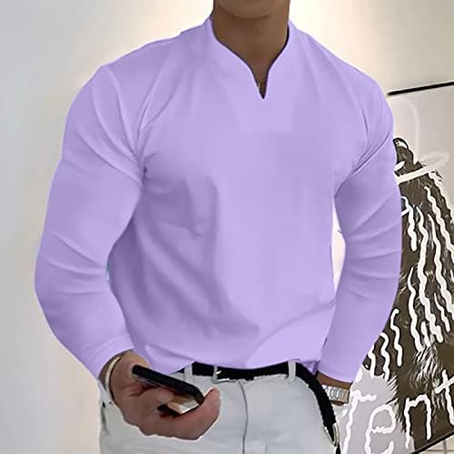 Camisas de Haoreekz para homens, Moda Moda Moda Sólida Camista Vestida em V Dress Casual Bonito de Manga