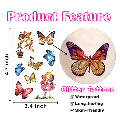 Festas de festas glitter borboleta decorações de festas, 12 lençóis tatuagens temporárias para crianças de festas