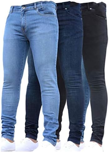 ANDONGNYWELL Mens Sólida cor magra de jeans de cintura média Slim Fit