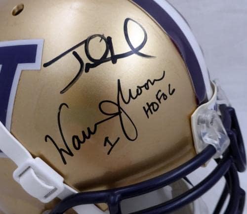 Warren Moon & Jake Locker autografou Ouro em tamanho real Authentic Schutt Helmet Washington Huskies Hof 06 McS Holo #82062 - Capacetes da faculdade autografados