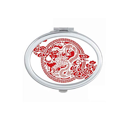 Espelho de animal de dragão vermelho chinês portátil dobra maquiagem de mão dupla de óculos laterais