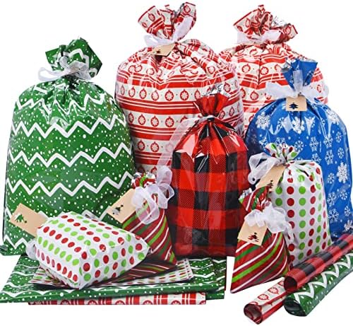 Sacolas de presente de Natal, 34pcs tamanhos variados sacos de presente com gravatas e tags de fita, grandes