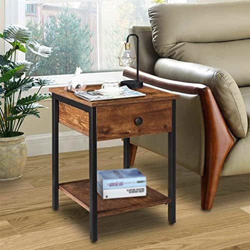 Mesas de 2 camadas de madeira mesa de cabeceira com gavetas mesa de cabeceira rústica com moldura de metal para