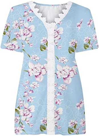 Girls 2023 Manga curta Lace Cotton Deep V pescoço gráfico floral casual casual solto tshirt Top Tshirt camiseta