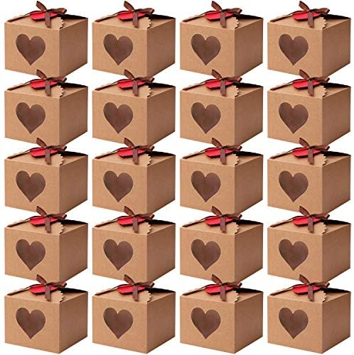 Cooraby 20 peças Caixas de presente de coração com janela de exibição Kraft Paper Sacos de presente caixas de embalagem com tags e fitas para decorações de festas de Natal do Dia dos Namorados