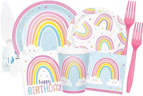 Rainbow Party Supplies and Decorations - Placas de festa em arco -íris e copos e garfos para 16