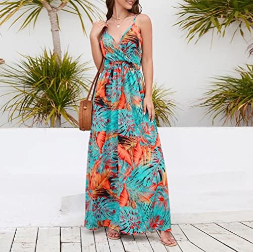 Womens Casual Deep V pescoço de pescoço floral boêmio Spaghetti Strap Beach Maxi Dress