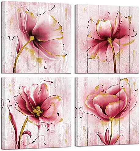 Artsbay rosa e dourado Decoração de arte da parede floral Floral on madeira Pictures Pictures Pintura na tela