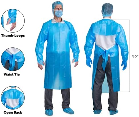 Vestidos de isolamento descartáveis ​​do CPE com loop de polegar | Azul | 100 pacote | Nível 3 | Proteção