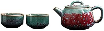 Porcelana da China Jun ， Conjunto de chá: um bule de chá e duas xícaras。imitar a cor e o esmalte da cor dos antigos