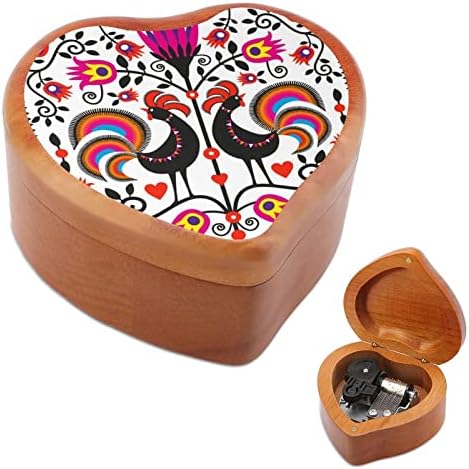 Galos folclóricos Caixa de música de madeira da caixa do coração Caixa musical vintage Musical Box Box Gifts Gifts