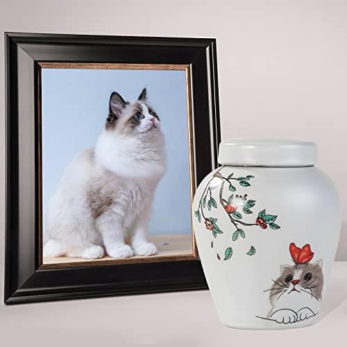 Linhas Arte Cat Urn, 5.1x4.1inch de tamanho médio de cerâmica branca urnas de animais de estimação para gatos, lembrança urna de gato para cinzas