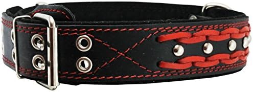 Golador de cachorro cravejado de couro genuíno, vermelho em preto de 1,75 de largura.