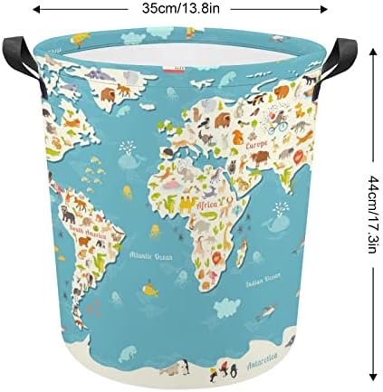 Cesta de lavanderia do mapa do mundo animal com alças em redondo cesta de armazenamento de lavanderia