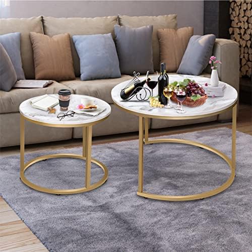 Vilawlence redonda de mesa de café de 2 modernos ninhos de ninho de quadro dourado circular e mármore padrão de