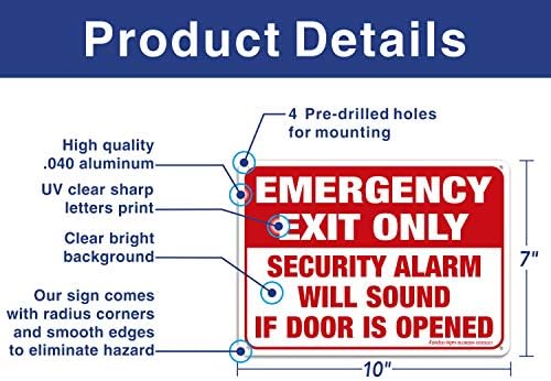 Somente saída de emergência - o alarme de segurança soará se a porta for aberta, sinal, 2 pacote, 10 x 7 polegadas .40 alumínio livre de ferrugem, protegido por UV, resistente ao clima, à prova d'água, tinta durável, fácil de instalar