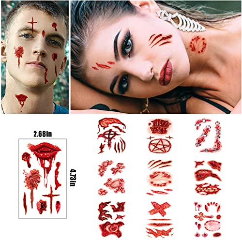 Kobrich 20 folhas Maquiagem de Halloween adesivos de tatuagem temporária, cicatrizes de sangue ferida de abóbora Joker Spider Tattoos para adultos, homens, mulheres, crianças, decorações de Halloween