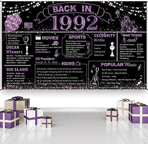 Darunaxy Purple 31st Birthday Party Decorações, em 1992 Banner torce para suprimentos de pôsteres de festas de aniversário de 31 anos, cenário de tecido grande vintage 1992 para homens de fotografia para mulheres para mulheres