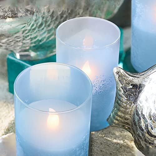 PETRISTrike azul sem chamas de pilares sem chamas, alimentado por bateria, velas de vidro com remoto e temporizador,