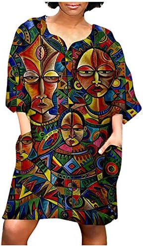 Vestido africano da moda vestidos estampados de padrão vintage para mulheres de manga média v pescoço casual