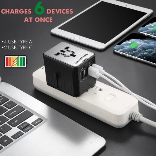 Electronnns Universal Travel Adapt Plug World Power com 4 portas USB e 2 USBC - telefones de cobrança, relógios