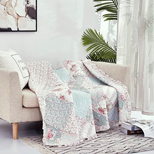 Dadalogy Cotton Patchwork Throw Blanket - Floral Cottage Quilted reversível Dica de Mint Dainty