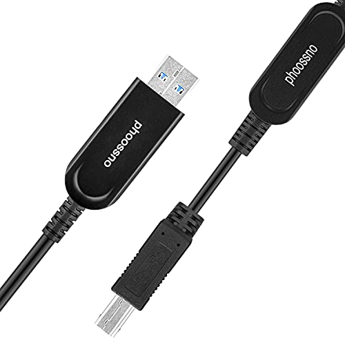 Phoossno USB 3.0 A a B Cabo de extensão ativo Optical ativo USB 10Gbps 50 pés 15m para trás USB2.1