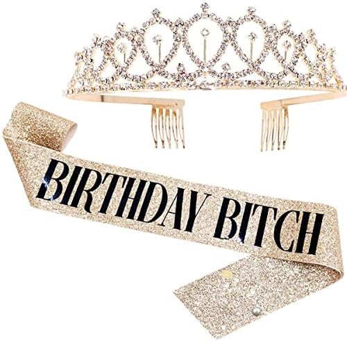 Latfz Birthday Bitch Sash & Crown Tiara Kit - Presente de aniversário de aniversário de brilho de brilho para mulheres material de festa de aniversário