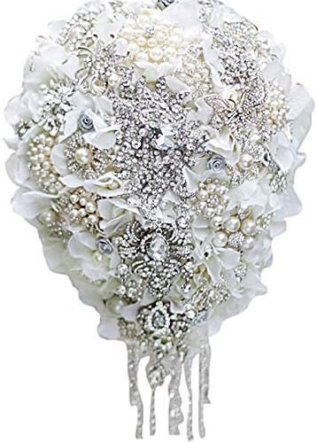 IFFO White Hydrangea Drop Broche Bouquet Buquês de Casamento Prata Crystal Teardrop Bridal Bouquet Pearl Tassels
