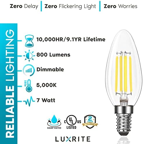 Lâmpadas Luxrite Candelabra Lâmpadas LED 100 watts equivalente, 800 lúmens, 5000k Branco brilhante, 7W, lâmpadas