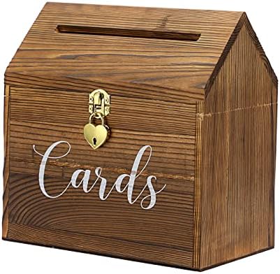 Juxyes Caixa de cartão de casamento vintage com fechadura, suporte de cartão de casamento de madeira sólida com