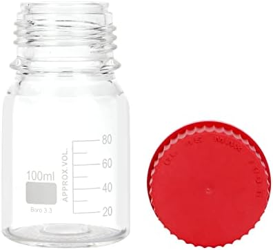 Pastein 4 peças100ml Garrafas de laboratório de armazenamento de reagente redondo graduadas com tampa de parafuso vermelha GL45 PBT, 3,3 vidro transparente de borossilicato