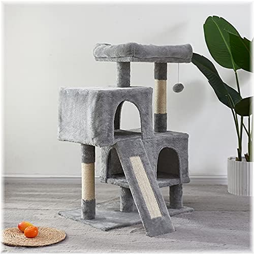 Torre de gato, árvore de 34,4 polegadas com tábua de arranhão, 2 condomínios de luxo, espaço pequeno de árvore de gatos, resistente e fácil de montar, para gatinho, animal de estimação, atividade interna relaxante, cinza
