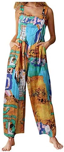 Macacão de moda LCEPCY para mulheres étnicas Floral Print Button Straps Rompers Baggy Long Pants Playship com bolsos