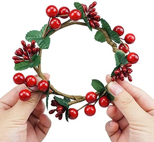 Grenerics 6 PCs Red Berries Candle Rings Artificial Holly Folhas Berry estame