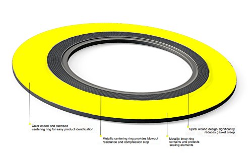 SERLING SEAL 90001500304GR300X96 304 Junta de ferida em espiral em aço inoxidável com enchimento de grafite flexível, para tubo de 1-1/2 , classe de pressão 300#, amarelo com listras cinza