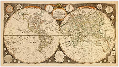 DeKali Designs Capitão Cook 1799 Poster do mapa mundial vintage | Mapa rústico do mundo | Decorações do Velho Mundo para casa em Brown | Decoração circular de mapa antigo