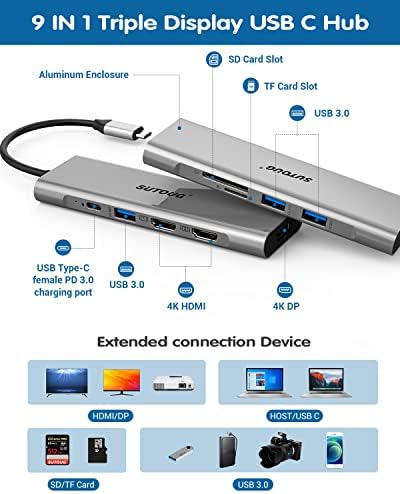 USB C Hub, estação de ancoragem, Sutoug 9 em 1 Triple Display Laptop Docking Station para MacBook Pro Air & Windows,